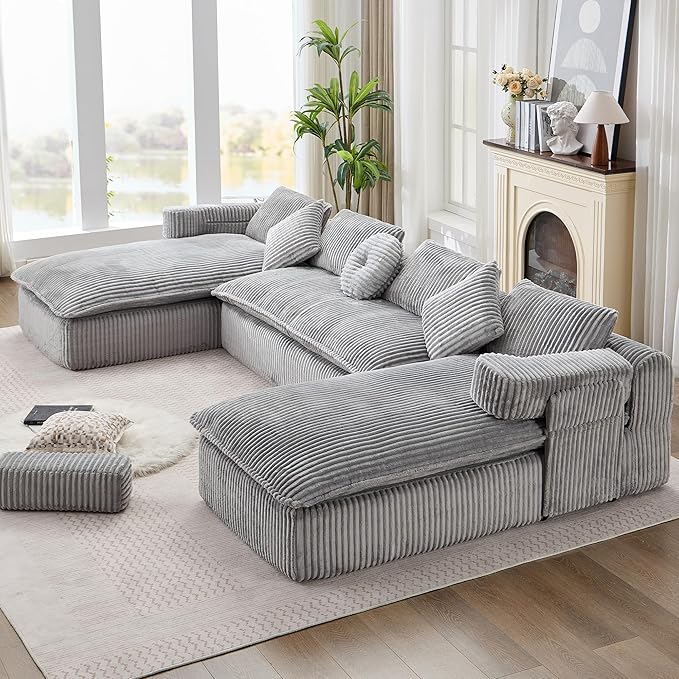 149" Oversized U Shaped Cloud Modular Sectional Sofa Boneless Couch with Double Chaise,Free Combination Convertible Floor Sofa Bed with Storage Pockets and Pillows | No Assembly