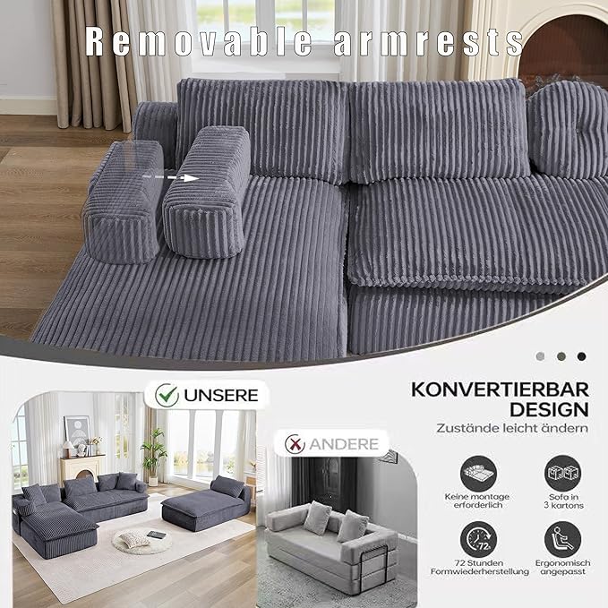 149" Oversized U Shaped Cloud Modular Sectional Sofa Boneless Couch with Double Chaise,Free Combination Convertible Floor Sofa Bed with Storage Pockets and Pillows | No Assembly