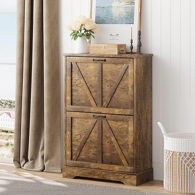 Smart FENDEE Shoe Cabinet, Shoe Storage Cabinet for Entryway with 2 Flip Drawers, Narrow Farmhouse Shoe Organizer Cabinet, Slim Shoe Rack Cabinet, 23.6in Rustic Brown - Image 6