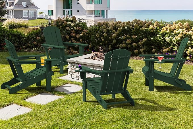 SERWALL Adirondack Chair with Cup Holders - Composite Adirondack Chairs Set of 2 HDPE Outdoor Chairs All Weather Use- Green - Image 9