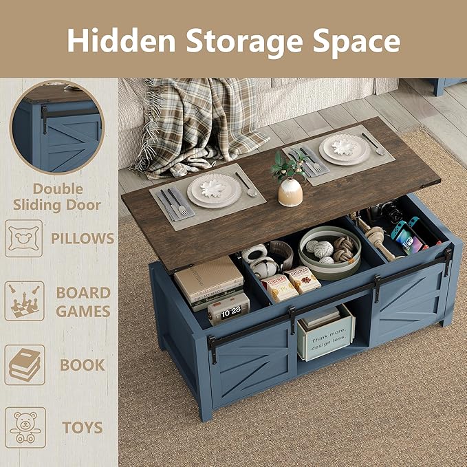 Lift Top Coffee Table, 47.3'' Farmhouse Coffee Table with Large Hidden Storage Compartment & Sliding Barn Doors, Wood Modern Rectangle Table for Home, Office, Blue