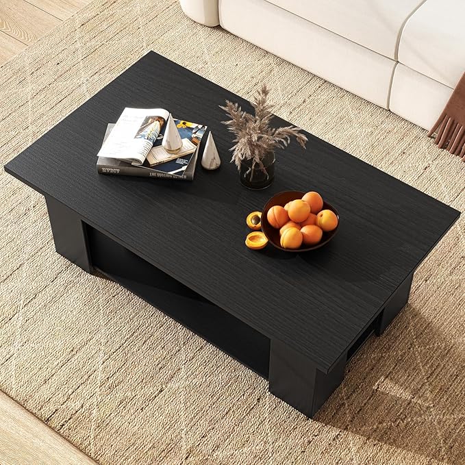 GOFLAME Coffee Table with Storage, Modern Center Table for Small Space, Accent Tea Tables for Living Room, Reception Room, Dining Room, Easy Assembly, Black