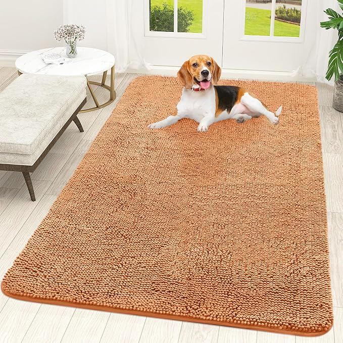OLANLY Dog Door Mat for Muddy Paws 59x35, Absorbs Moisture and Dirt, Absorbent Non-Slip Washable Doormat, Quick Dry Chenille Mud Mat for Dogs, Entry Indoor Entryway Carpet for Inside Floor, Orange by OLANLY