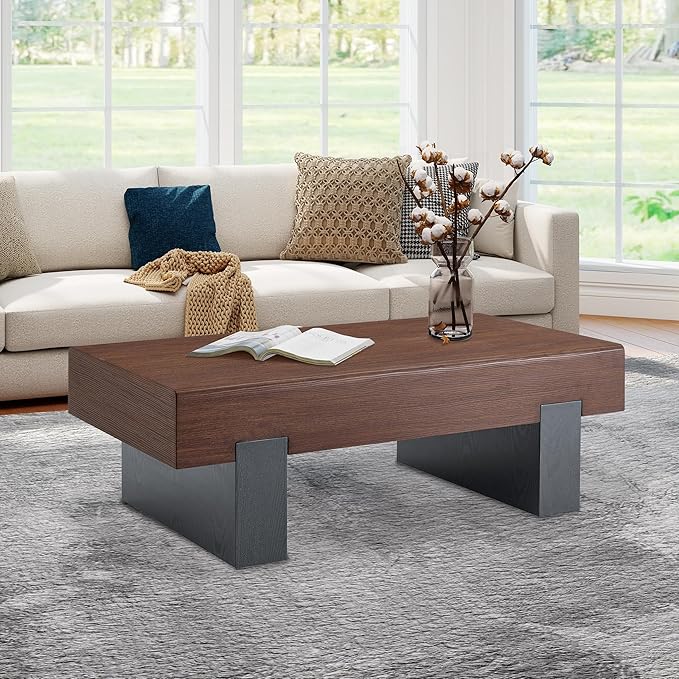 Walnut Wood Coffee Table with Storage Modern Small Coffee Table for Living Room Rectangle Farmhouse Center Table Thick Tabletop
