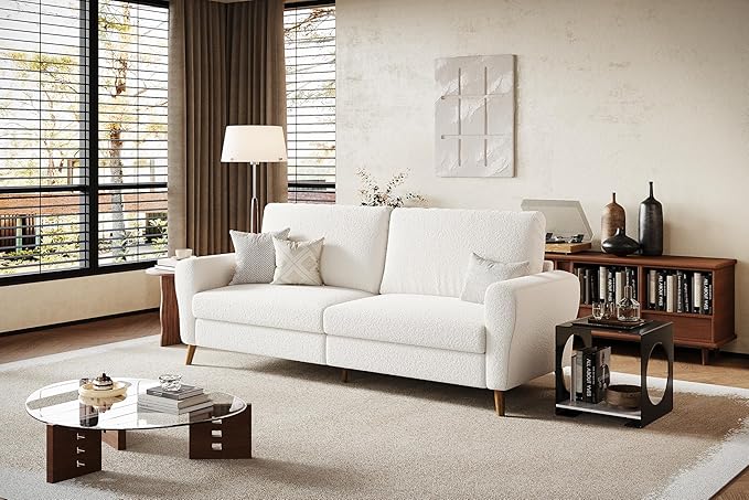 GarveeHome 84 in Sofa Couch, Large Loveseat Sofa with Wide Armrests, Deep Seats & Wood Feet, 3 Seater Modern Boucle Sofa, Comfy Couches for Living Room Bathroom Small Spaces, White