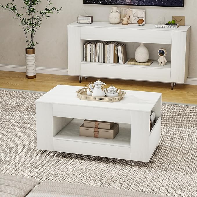 35" Wood Coffee Table for Living Room, Sides Storage with Transparent Legs, Minimalist Modern 2-Tier Storage Shelf Center Table for Home Office, Apartment, White