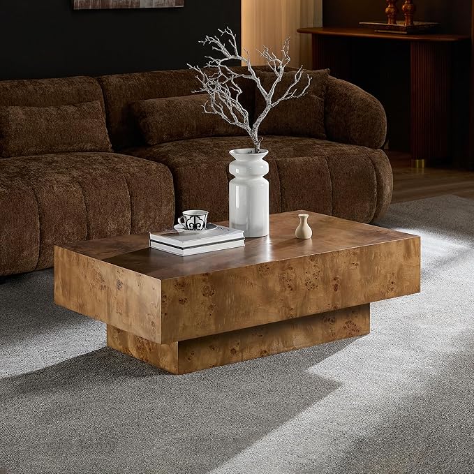 WILLIAMSPACE 43.31" Rectangle Coffee Table with Burl Wood Veneer & Sturdy Base, Modern Luxury Wood Drum Center Table Accent Side End Table for Living Room Apartment, Walnut
