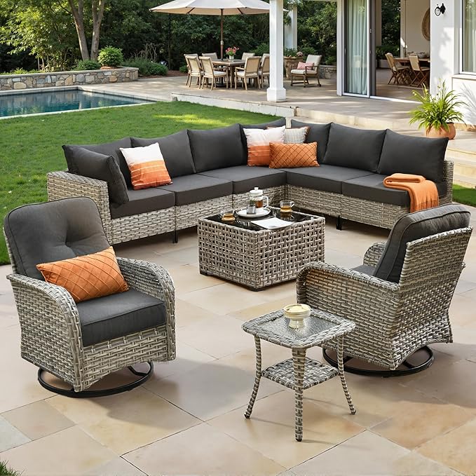 10 Piece Outdoor Patio Furniture with Swivel Rocking Chair, Rattan Wicker Conversation Set with Glowing Coffee Table, Sectional Single Chairs for Porch Balcony Backyard Pool,Black