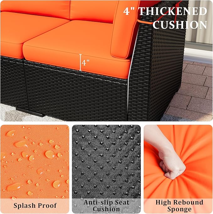 Patio Furniture Set, 7 Pieces Outdoor Sectional Sofa Set with Waterproof Cover, Black PE Wicker Rattan Slanted Back Outdoor Conversation Set with Cushions and Glass Coffee Table, Orange