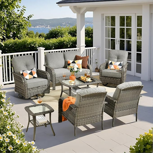 Weaxty 7 Pieces Patio Furniture Set,Wicker Outdoor Swivel Rocking Chairs,Rattan Loveseat Couch,Coffee Table,Patio Sofa Conversation Sets for Deck Backyard Porch Poolside, Dark Gray