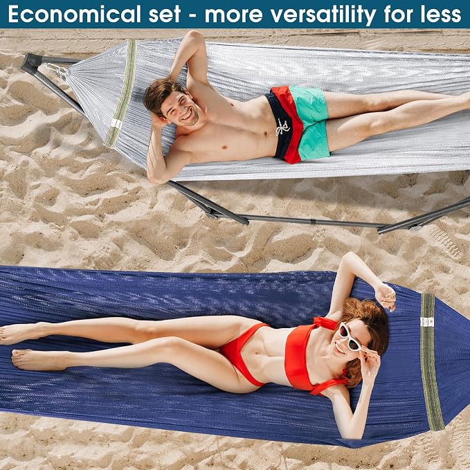 Tranquillo Combo x2 Hammocks with Stand for Outside & Tree Straps, Heavy Duty Hammock with Stand 600lbs for Indoor Outdoor Patio Backyard, x2 Hammocks for 2 Person, Portable Carrying Bags, Aegean - Image 5