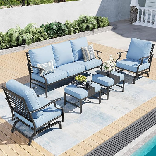 7 Piece Metal Outdoor Patio Furniture Set, Patio Conversation Sets 3-seater Sofa, 2 Rocking Chair, 2 Ottomans with 5.75" Thick Cushion, Black All-weather Frame Backyard Furniture, Blue