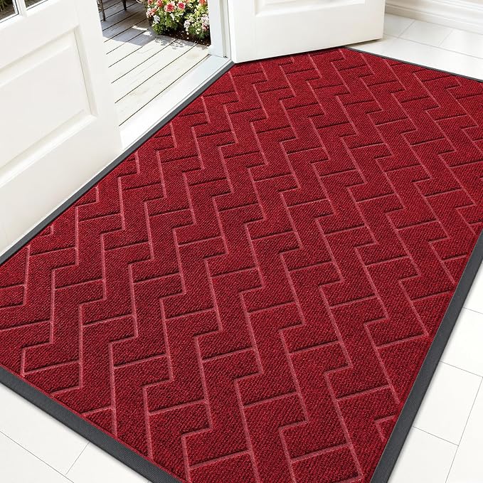 OLANLY Front Door Mat Indoor Outdoor Entrance, Waterproof All-Season, All-Weather Doormat, Sturdy Natural Rubber, Low Profile, Easy Clean Patio Porch Entryway Mat, Herringbone Brick (Wine Red, 59x35) by OLANLY