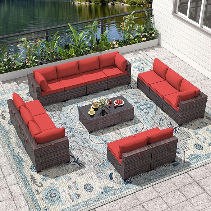 14 Pieces Outdoor Patio Furniture Set,Outdoor Sectional Furniture All Weather PE Rattan Wicker Patio Conversation Set with 2 Coffee Tables and 12 Thickened Cushions,Red