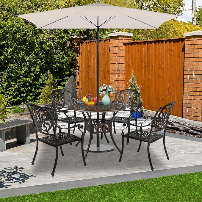VINGLI 5 Pieces Outdoor Patio Dining Set, Cast Aluminium Patio Furniture Set with 4 Chairs and 1 Umbrella Table for Yard, Garden, Porch and Poolside, Bronze - Image 2