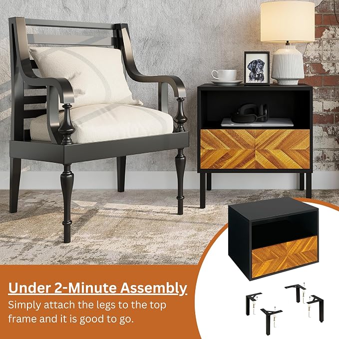 Bme Vivian Solid Wood Nightstand, End Table, Bedside Table with Herringbone Pattern for Rustic Bedroom, Easy Assembly, Rustic Golden Brown and Black - Image 3