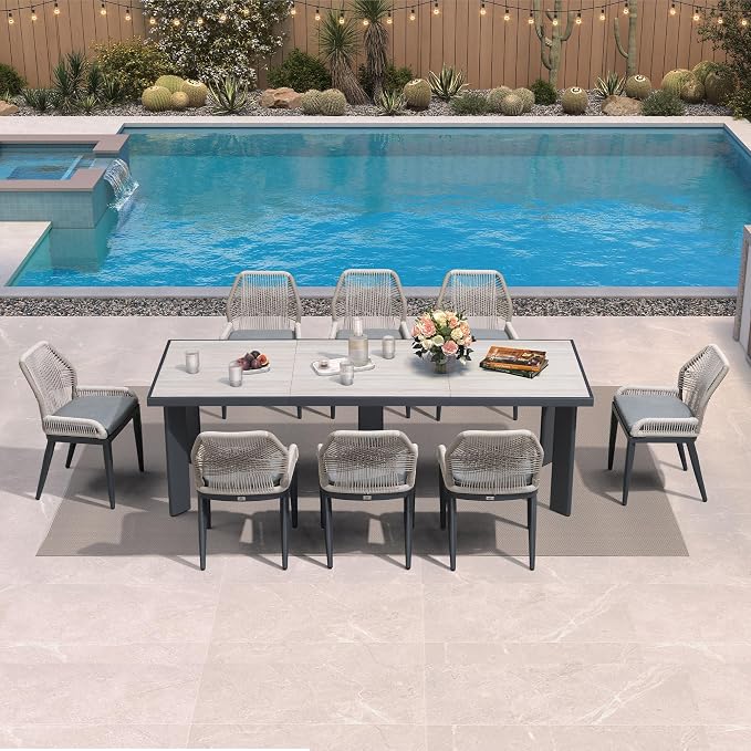 PURPLE LEAF 9 Pieces Patio Dining Set Aluminum Rectangular Table and Wicker Chairs with Cushions for Kitchen Porch Garden Modern Outdoor Furniture Sets, Beige and Dark Grey - Image 2