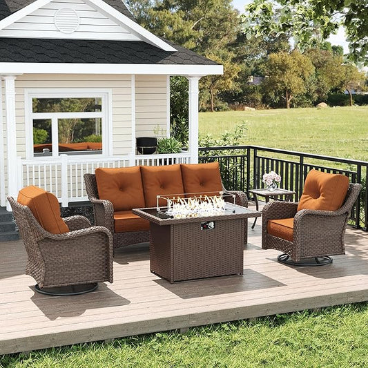 LayinSun 5 Piece Wicker Outdoor Furniture Set with 6-inch Comfy Cushions, High Back Patio Furniture Set with Swivel Rocking Chairs and Fire Pit Table
