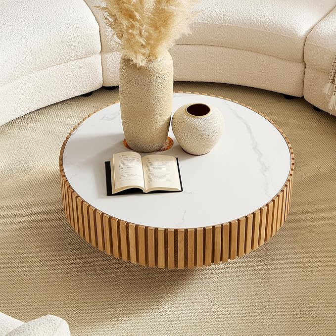 WILLIAMSPACE 35.43" Round Coffee Table with Sintered Stone Tabletop, Modern Farmhouse Wood Circle Drum Center Table for Living Room, Accent Side End Table for Apartment, 13.77" H (Oak+White)