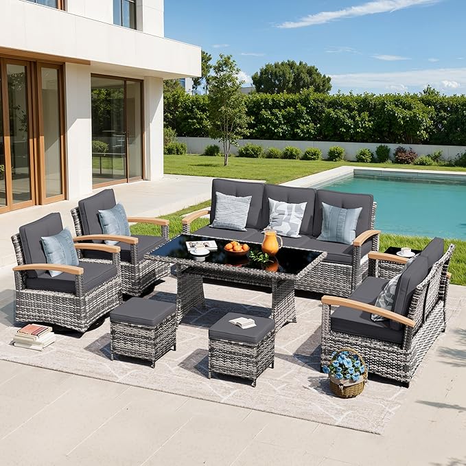 MEISSALIVVE 8 Pieces Patio Furniture Sets, PE Wicker Outdoor Conversation Sets with 2 Wood Armrests Swivel Rocker Chairs, 2 Ottomans, 2 Sofa and Dining Table (Grey)