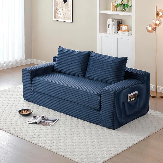 73" Convertible Sofa Bed, 2 in 1 Corduroy Folding Couch with Pillows, No Assembly Boneless Compression Sofa in Box, Loveseat with Side Storage Pocket for Apartment, Living Room, Blue