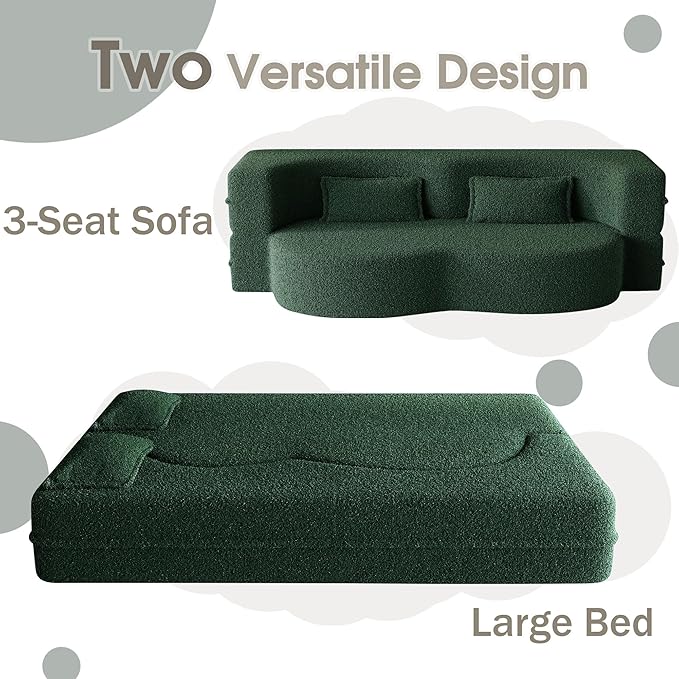 78" Convertible Sofa Bed, 2-in-1 Folding Floor Couch with 2 Pillows, Sleeper Sofa for Living Room and Bedroom, No Assembly Required (Green, Teddy Fabric)
