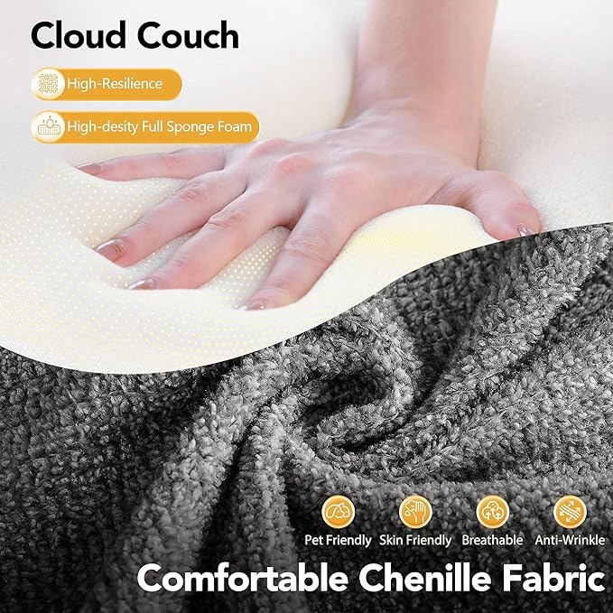 Rengue 105.5" Cloud Boneless Sectional Sofa for Living Room, 4-Seater L-Shaped Comfy Couch with Ottoman, 4 Pillows, Deep Seat Chenille Sofa, No Assembly Required (Dark Grey) 72h to Restore