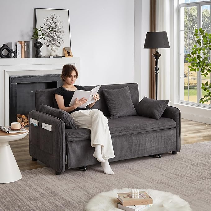 Ball & Cast 66" Convertible Sofa Bed,3-in-1 Corduroy Loveseat Sleeper Pull Out Couch Bed with Pillows and Side Pockets, Deep Seat Comfy Sofa Couches for Living Room,Apartment,Dark Grey