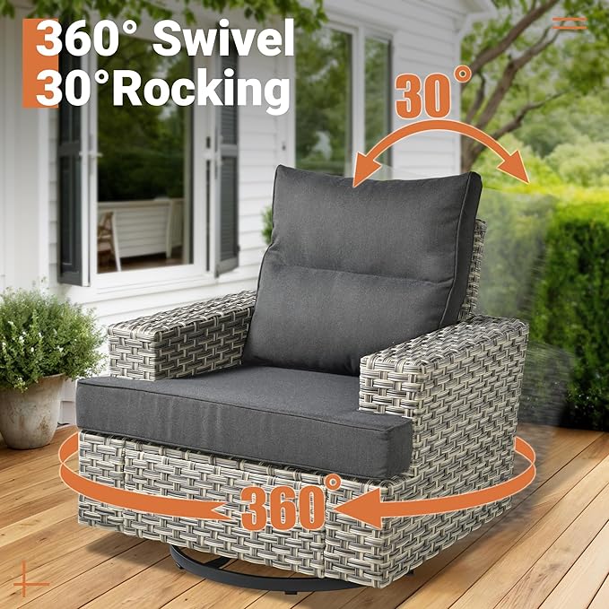 ovios 9 Piece Patio Sectional Furniture with Swivel Rocking Chairs, Rattan Wicker Coversation Set with Glowing Coffee Table, Outdoor Sofa Set for Outside Porch Balcony Backyard Pool,Black