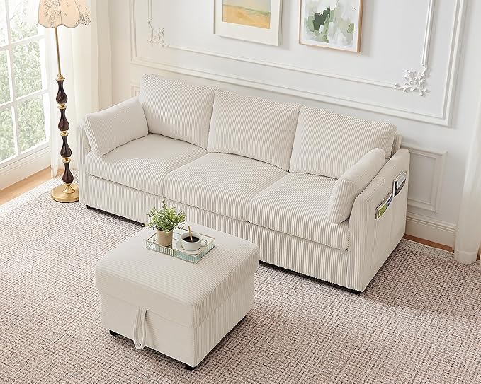 Corduroy Storage Ottoman for Living Room Sofas Couches, Square Ottoman with Storage Space Foot Rest Stool for Apartment, Dorm, Entryway, Beige