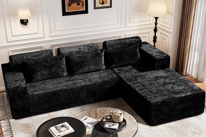 Homguava Modular Sectional Couches for Living Room,105" Cloud Couch with L-Shape Chaise,Comfy Sofa Living Room Couch with Deep Seat,No Assembly L Couch,Luxury Distressed Velvet(Black,R)
