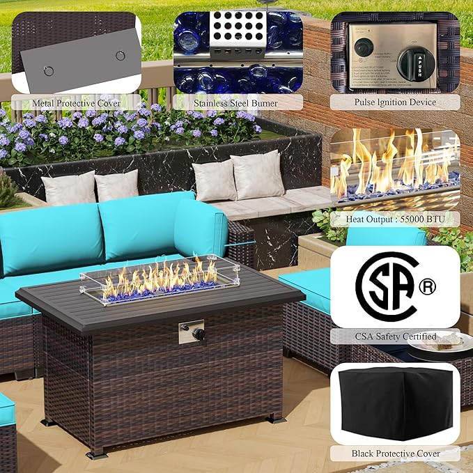 13 Pieces Outdoor Patio Furniture Set,Outdoor Sectional Furniture with 43" 55000 BTU Gas Propane Fire Pit Table,PE Rattan Wicker Patio Conversation Set with 10 Thickened Cushions,Turquoise Blue