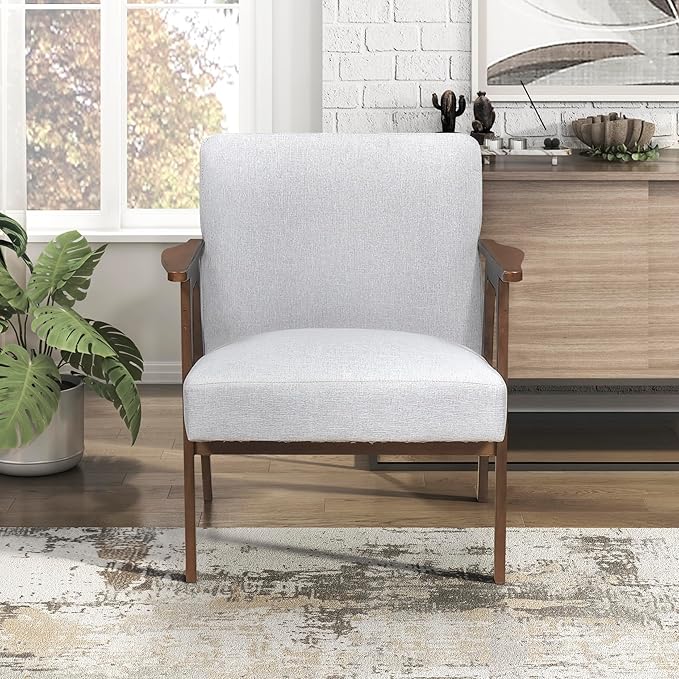 Lexicon Mid Century Modern Accent Chair, Upholstered Lounge Armchair, Single Sofa Seat, Brown Finish Solid Wood Framed Comfy Side Chairs for Living Room/Bedroom/Office/Waiting Area, Gray