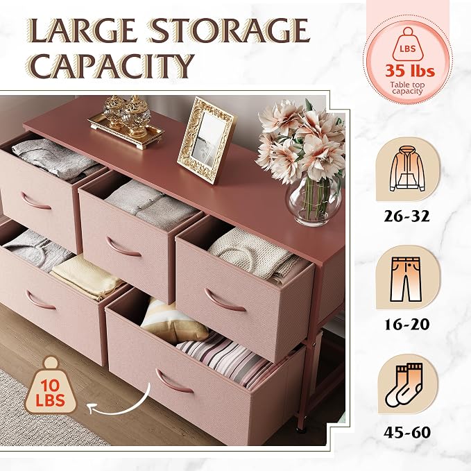 WLIVE Dresser for Bedroom with 5 Drawers, Wide Chest of Drawers, Fabric Dresser, Storage Organization Unit with Fabric Bins for Closet, Living Room, Hallway, Pink and Rose Gold - Image 5