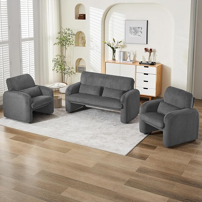 Corduroy Accent Living Room Sets, Comfy Upholstered Loveseat Sofa with 2 Accent Chairs, Morden Couch Sets for Living Room, Bedroom, Office, Grey