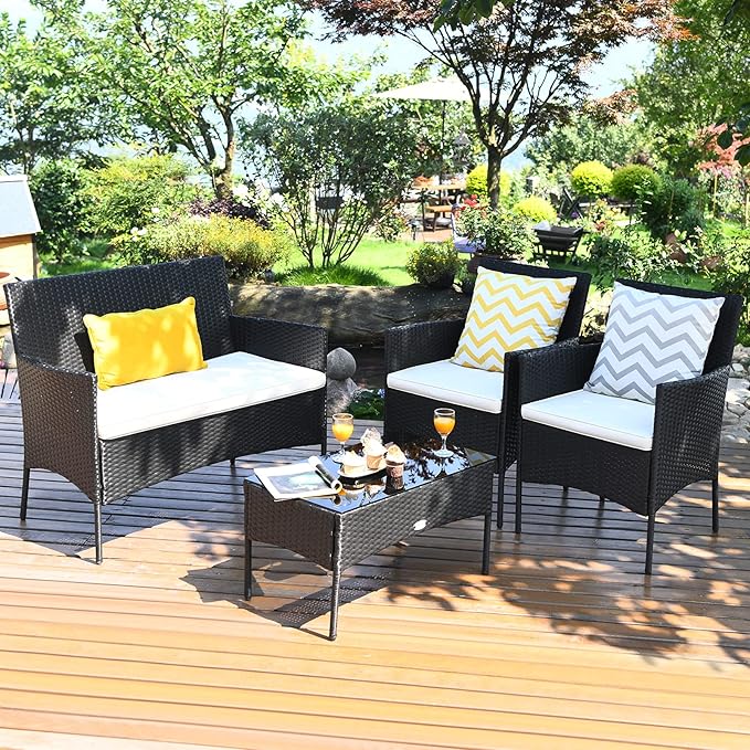 4 Pieces Patio Furniture Set, Outdoor Conversation Set with Ergonomic Curved Backrest, Patio Chair Set with Water-Resistant Cushion & Tempered Glass Table for Balcony, Porch, Pool (Beige)