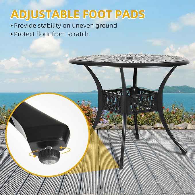 DWVO 35 Inch Outdoor Dining Table Cast Aluminum, Patio Round Bistro Table with Umbrella Hole for Backyard, Garden, Patio, Porch, Black - Image 6