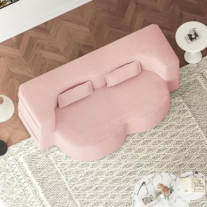 KEIKI Corduroy Floor Sofa Convertible Couch, Full Size 15" Foam Folding Mattress Sleeper Sofa Bed with 2 Pillows, Lounge Floor Couch for Bedroom & Living Room, Baby Pink