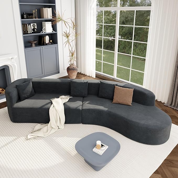 Merax Modern Minimalist Large 2-Piece Sectional Curved Chenille Sofa with 3 Pillows and High-Density Foam for Luxurious Comfort and Seamless, for Living Room, Bedroom, Grey