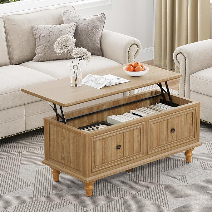 39" Lift Top Coffee Table, Wood Center Table with Storage, Retro Coffee Tables Rectangular Dining Table for Living Room Home Office Small Space (Natural)