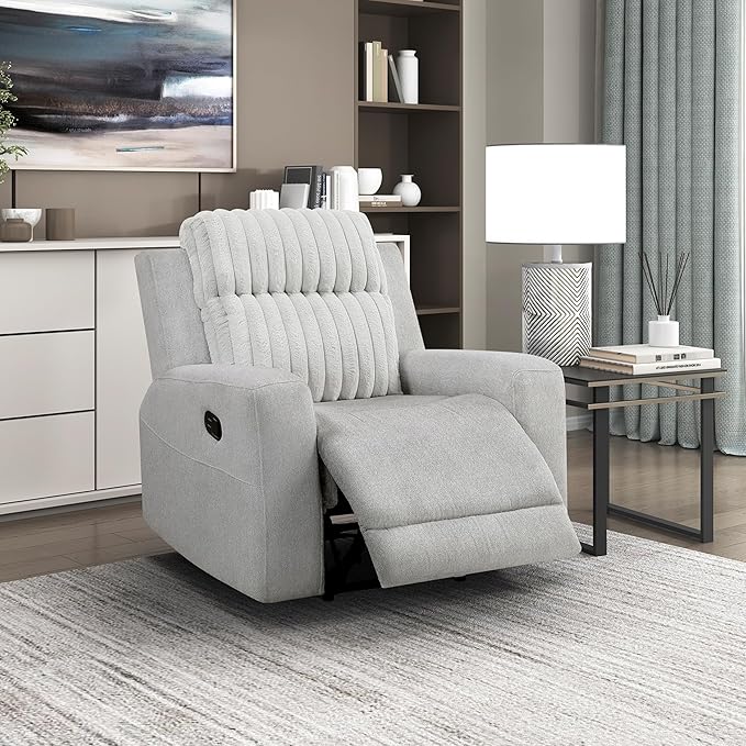 Lexicon Modern Recliner Chair for Living Room, Manual Wall Hugger Textured Microfiber Reclining Chair, Plush Corduroy Channel Seat Back, Manual Recliner, Light Gray