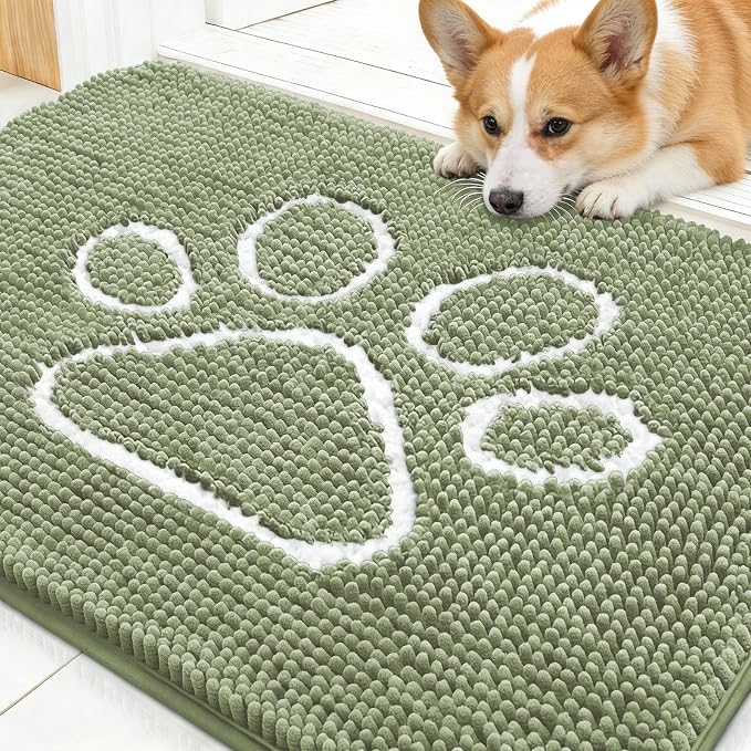 OLANLY Dog Door Mat for Muddy Paws 30x20, Paw Print Design, Absorbs Moisture and Dirt, Non-Slip Washable Doormat, Quick Dry Chenille Mud Mat for Dogs, Entry Indoor Entryway Carpet, Sage Green by OLANLY