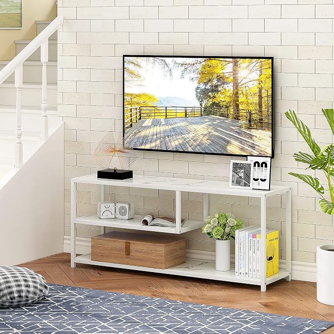 Function Home TV Stand for TVs up to 55 Inch, 3 Tier Entertainment Center, Media Console with Open Storage Shelves for Living Room Bedroom, 47” Modern TV Table with Wood Top White Metal Legs - Image 6