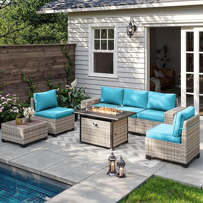 7-Piece Outdoor Patio Furniture Set with 55,000 BTU Fire Pit Table, PE Wicker Rattan Sectional Sofa Set Patio Conversation Set with Coffee Table, Turquoise