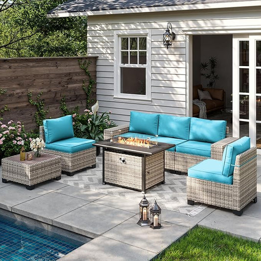 7-Piece Outdoor Patio Furniture Set with 55,000 BTU Fire Pit Table, PE Wicker Rattan Sectional Sofa Set Patio Conversation Set with Coffee Table, Turquoise