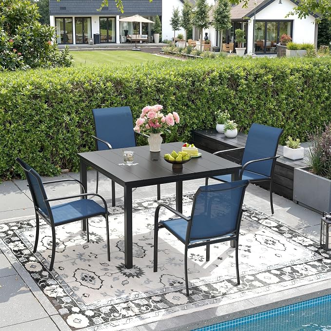 DIFY 5 Pieces Outdoor Patio Dining Set for 4, 40.2" Black Square Metal Dining Table and 4 Blue Stackable Textilene Patio Chairs, Outdoor Table and Chairs for Backyard Garden Poolside by DIFY