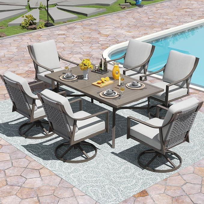 NATURAL EXPRESSIONS 7 Piece Patio Dining Table Outdoor Furniture Set for 6, 6Pcs Swivel Patio Dining Chairs with Olefin Cushions, 65”Large Dining Table with Umbrella Hole by NaturalExpressions
