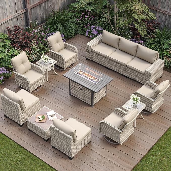 13-Piece Outdoor Patio Furniture Set with Rocking Swivel Chair, PE Wicker Rattan Sectional Sofa Patio Conversation Set with 55,000 BTU Fire Pit Table & Coffee Table, Sand