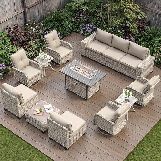 13-Piece Outdoor Patio Furniture Set with Rocking Swivel Chair, PE Wicker Rattan Sectional Sofa Patio Conversation Set with 55,000 BTU Fire Pit Table & Coffee Table, Sand