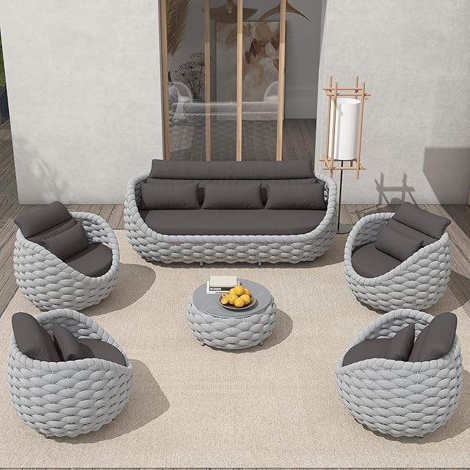 TWT 6-Piece Aluminum Patio Furniture Set, Modern Outdoor Conversation Set Sectional Sofa with Water Repellent Thick Cushions and Coffee Table for Balcony, Garden